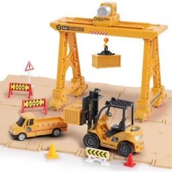 iPlay, iLearn, Construction Site Playset, Includes Cargo Transport, Magnetic Crane, Tow Truck Logging Truck and Forklift, Ages 6 Months & Up