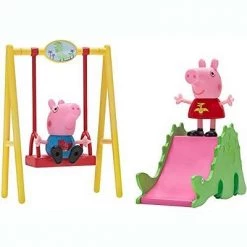 Jazwares Peppa Pig Dino Park Playset, 4 Pieces - Includes Peppa & George Character Figures, Dinosaur Slide & Swing Set - Toy Gift for Kids - Ages 2+