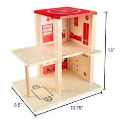 Toy Time Kids' Wooden Fire Station Playset With 3-Tier Firehouse, Fire Truck, Helicopter, and 16 Accessories - 10.75" x 13", Set of 19