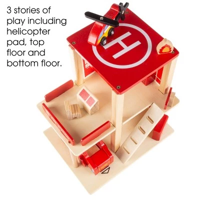Toy Time Kids' Wooden Fire Station Playset With 3-Tier Firehouse, Fire Truck, Helicopter, and 16 Accessories - 10.75" x 13", Set of 19 2 Toy Time Kids' Wooden Fire Station Playset With 3-Tier Firehouse, Fire Truck, Helicopter, and 16 Accessories - 10.75" x 13", Set of 19 - Image 2