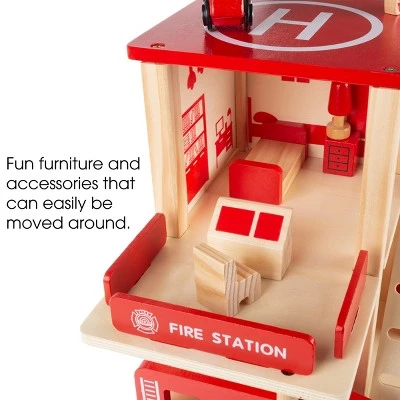 Toy Time Kids' Wooden Fire Station Playset With 3-Tier Firehouse, Fire Truck, Helicopter, and 16 Accessories - 10.75" x 13", Set of 19 3 Toy Time Kids' Wooden Fire Station Playset With 3-Tier Firehouse, Fire Truck, Helicopter, and 16 Accessories - 10.75" x 13", Set of 19 - Image 3
