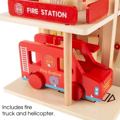 Toy Time Kids' Wooden Fire Station Playset With 3-Tier Firehouse, Fire Truck, Helicopter, and 16 Accessories - 10.75" x 13", Set of 19 4 Toy Time Kids' Wooden Fire Station Playset With 3-Tier Firehouse, Fire Truck, Helicopter, and 16 Accessories - 10.75" x 13", Set of 19 - Image 4