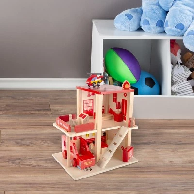 Toy Time Kids' Wooden Fire Station Playset With 3-Tier Firehouse, Fire Truck, Helicopter, and 16 Accessories - 10.75" x 13", Set of 19 7 Toy Time Kids' Wooden Fire Station Playset With 3-Tier Firehouse, Fire Truck, Helicopter, and 16 Accessories - 10.75" x 13", Set of 19 - Image 7