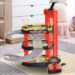 Qaba 3-Level Parking Garage Toy Car Playset with Racetrack Helicopter Ramp Elevator and Cars for Boys and Girls
