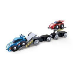 Hape Wooden 6 Piece Race Car Transporter Play Set with Foldable Ramps, Magnetic Couplers, and Driver Figurine for Kids Ages 3 and Up, Multicolor